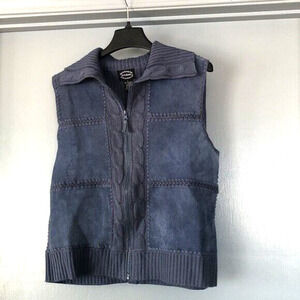 Designers Studio Originals Blue Leather Cable Knit Vest size L Zip front